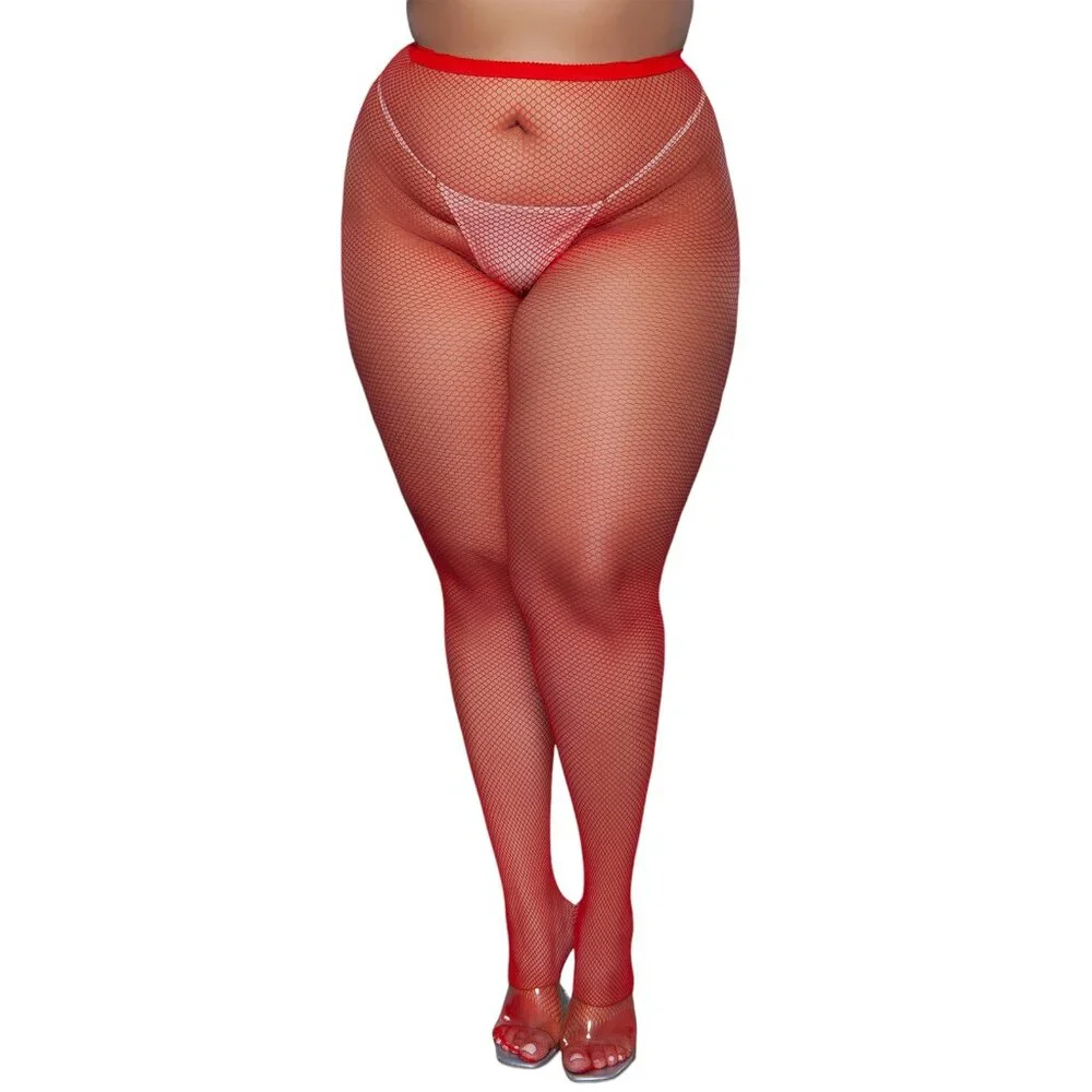 High Waisted Fishnet Pantyhose - Red